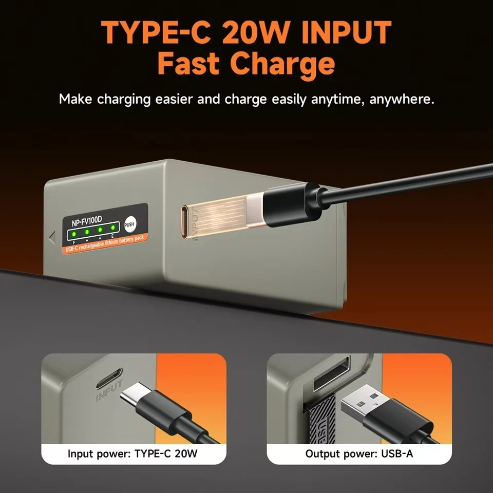 Аккумулятор NP-FV70 NP-FV100 емкостью 3280 мАч с входом типа C 5 В/2 А для камеры Sony NP-FV90 FV100 FV30