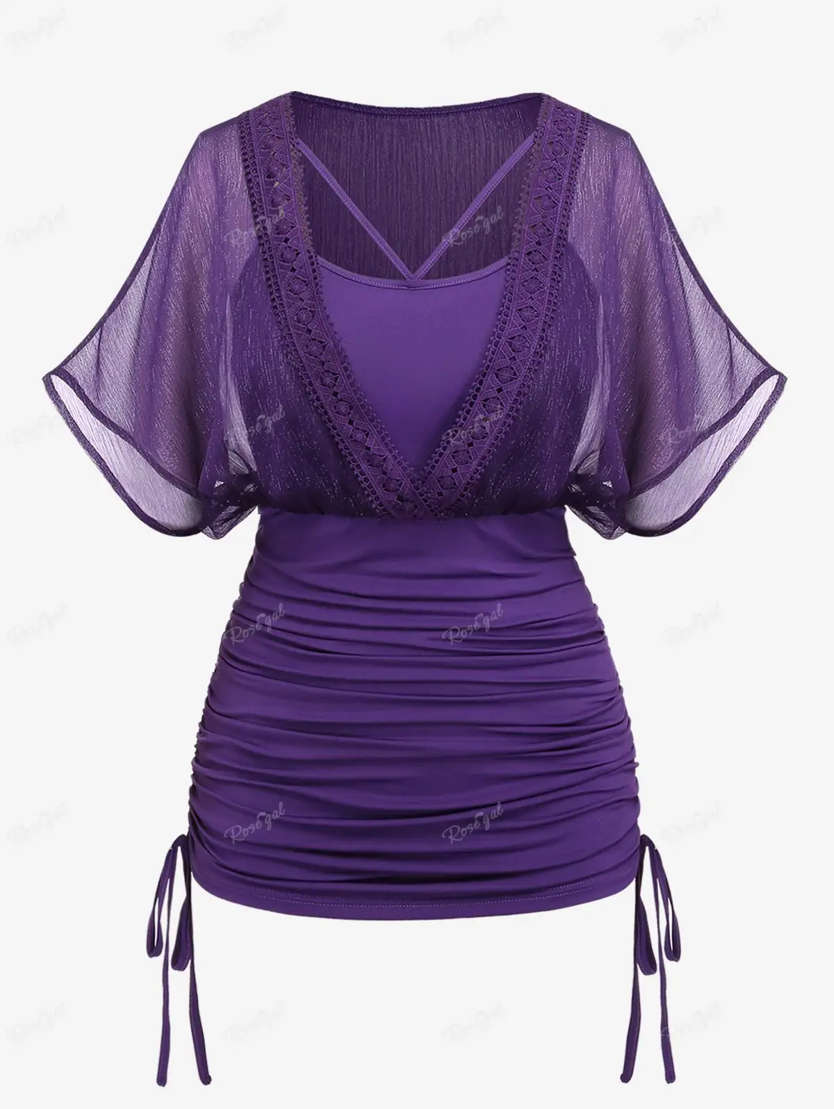 

ROSEGAL Plus Size Cinched Ruched Batwing Sleeves T-shirts Women's Tops Fashion Purple Guipure Lace Twofer Tees