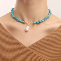 irregular natural turquoise shaped pearl pendant necklace female handmade personality pendant all match sweater chain