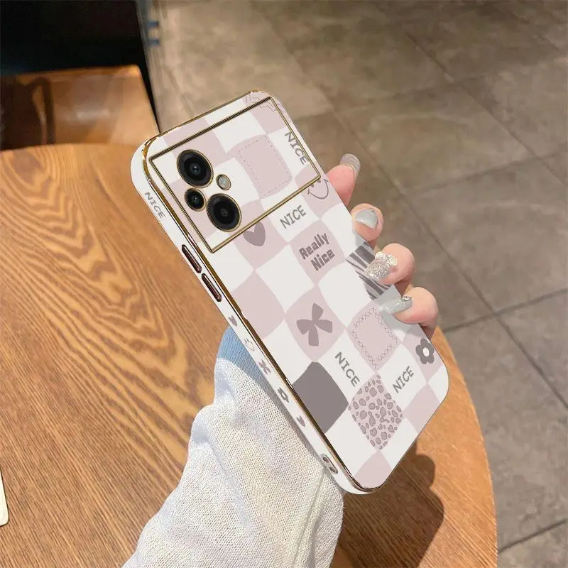 Checkered Smiley Face Luxury Plating Phone Case For Xiaomi Poco M5 M4 Pro F4  X4 GT F4 GT X4F3 X3 M3 X3 NFC X2 X3 Pro C40 Cover