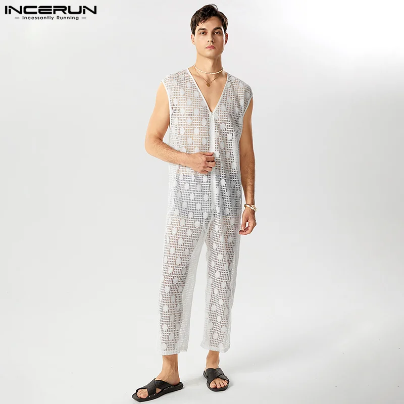

INCERUN 2023 American Style New Men Jumpsuits Lace Tracery V-neck Sleeveless Bodysuits Casual Slightly Transparent Rompers S-5XL
