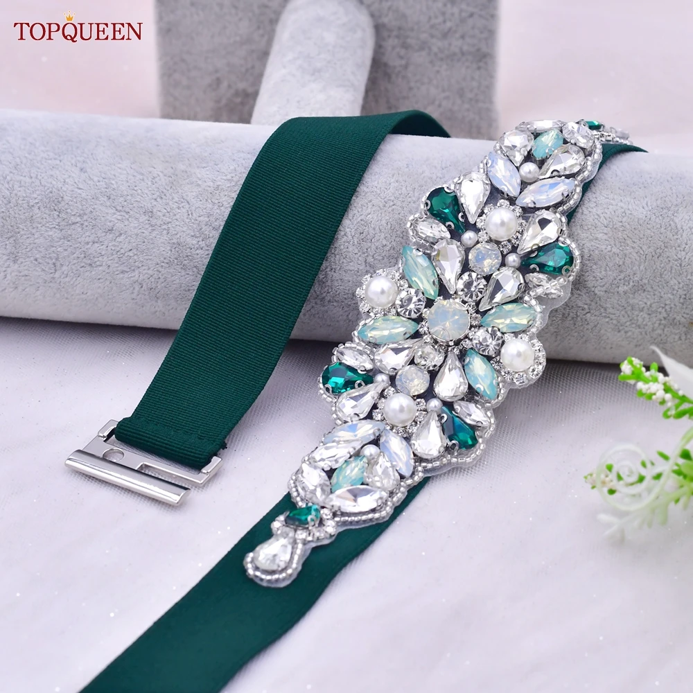 TOPQUEEN S443 Women Elastic Belt Bridal Fashion Green Rhinestone Party Evening Dresses Stretch Sash Wedding Accessory Waistband