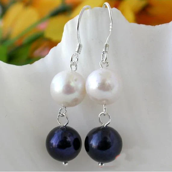 

Favorite Pearl Jewelry,10mm White Black Freshwater Pearl 925 Silver Dangle Earring,Charming Wedding Birthday Party Lady Gift