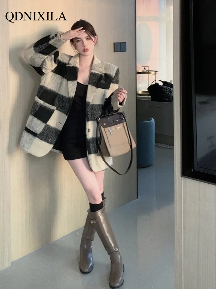 

Wool Coat and Blends Retro Plaid Woolen Coat Women Autumn and Winter New Loose Long Coat Women Jacket Women's Coat New Outerwear