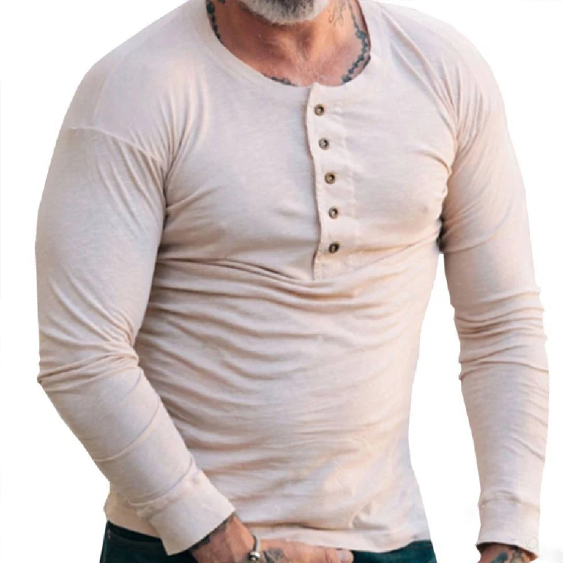 

2022 Autumn Men Long Sleeve Slim T-Shirts Vintage Button-up Crew Neck Solid Pullover Tops For Mens Fall Casual Fashion Tee Shirt