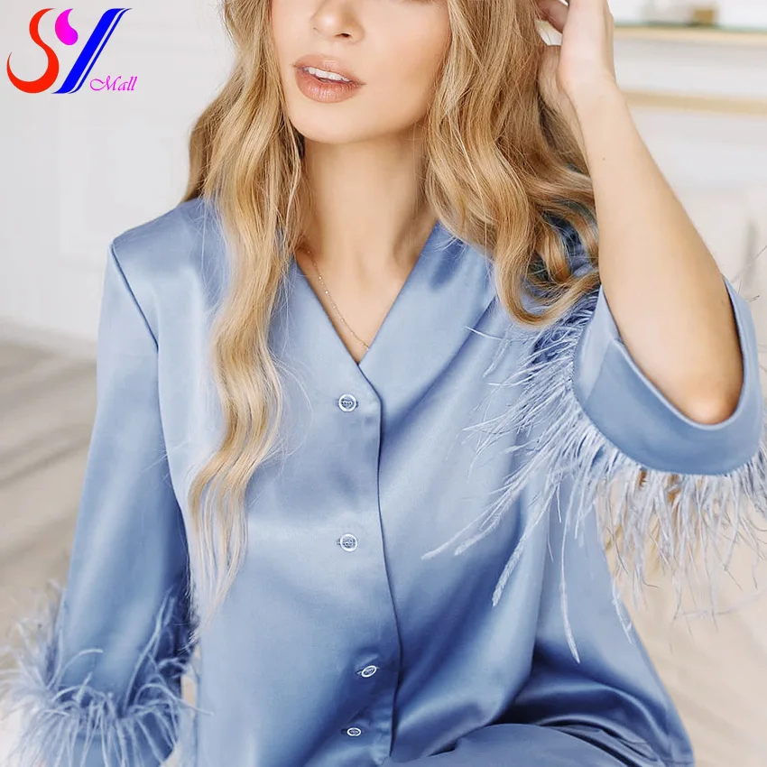 SY Pajamas Satin Woman 2 PC Chic Feather Casual Pajamas Long-sleeved Button Homewear Top and Slim Pants Set Pajamas for Women