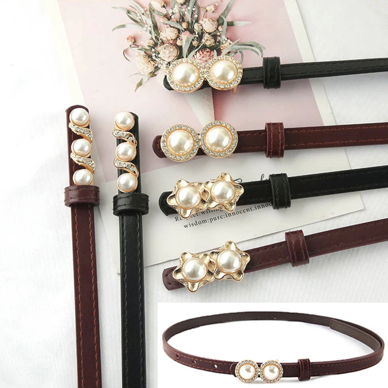 

Fashion Thin PU Leather Belt Simulated Creative Pearl Elastic Waist Belts Women Dress Skirt Decoration Fashion Girles Gifts 2022