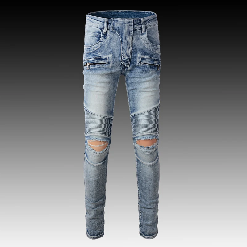 

Fashion Streetwear Men Jeans Retro Light Blue Elastic Slim Fit Spliced Designer Biker Jeans Homme Hip Hop Destroyed Punk Pants