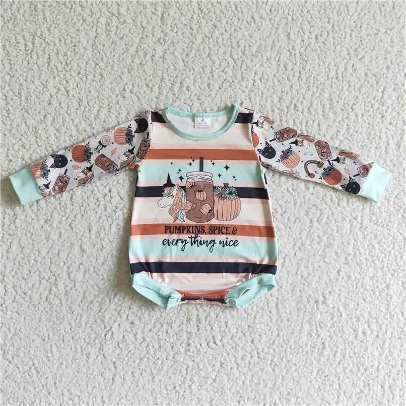 

2022 модный детский комбинезон с длинным рукавом, комбинезон с единорогом, питьевой тыквой, полосатый принт, детская одежда для малышей, бутик, оптовая продажа