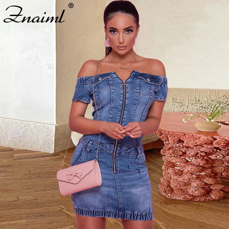 

Znaiml Strapless Zipper Mini Dress for Women Sexy Birthday Party Wear Outfits Y2k Clothes Bodycon Ladies Evening Denim Dresses