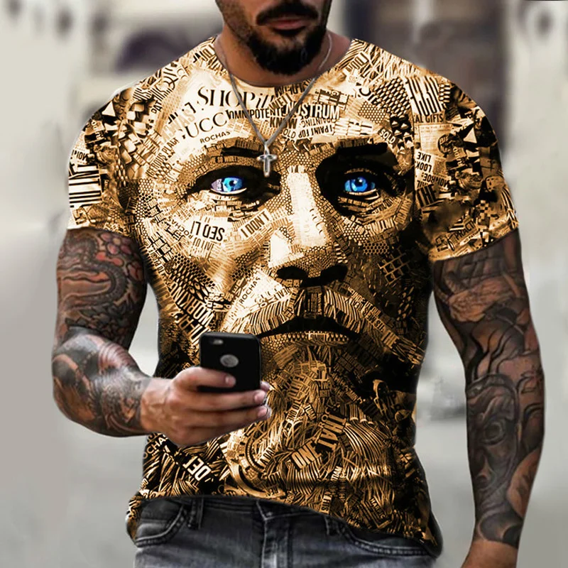 

2022 nova impressão de rosto 3d tendência de moda masculina camiseta cavalheiro estilo verão design curto estilo bonito manga cu