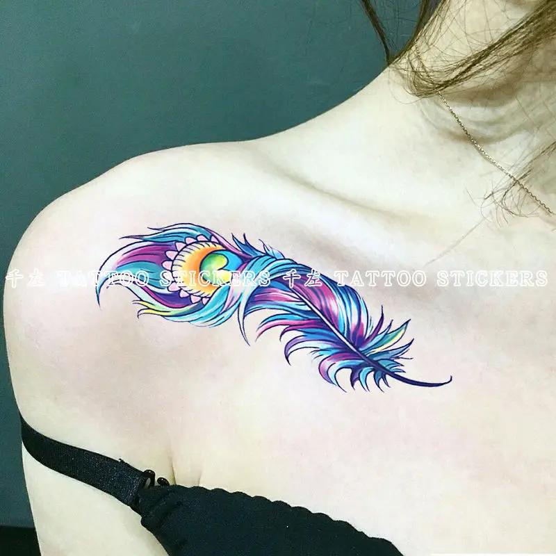 

Colorful Sexy Collarbone Chest A Pair of Feather Tattoo Stickers Waterproof Female Long-lasting Realistic Flower Arm Tattoo
