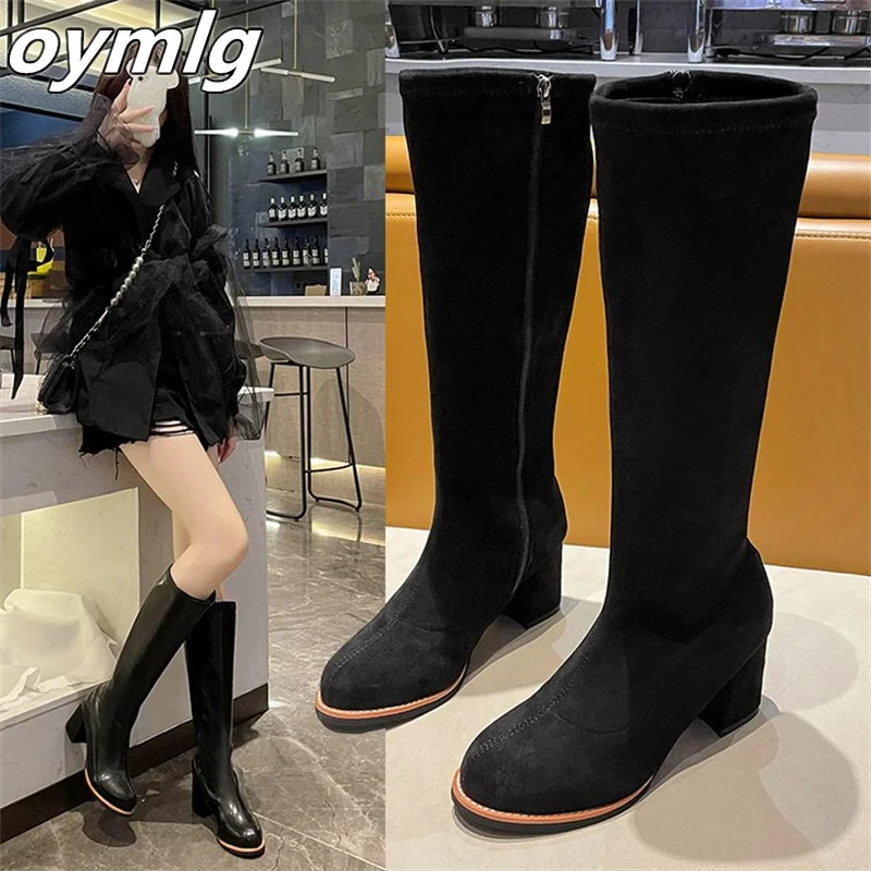 

Женские сапоги на толстой подошве, сапоги до колена с круглым носком и молнией сбоку, на платформе и толстом каблуке, осень 2022