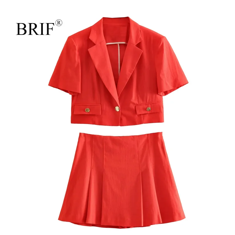 

BRIF Women Fashion Coral Linen Blend Cropped Blazer High Waist Box Pleat Skort Casual Girls Shorts Sets Streetwear