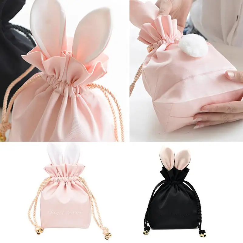 

Portable Cosmetic Storage Bag Cute Shape White Plush Balls Highquality Silk Fabric Drawstring Pouch Keys Jewelry Bag