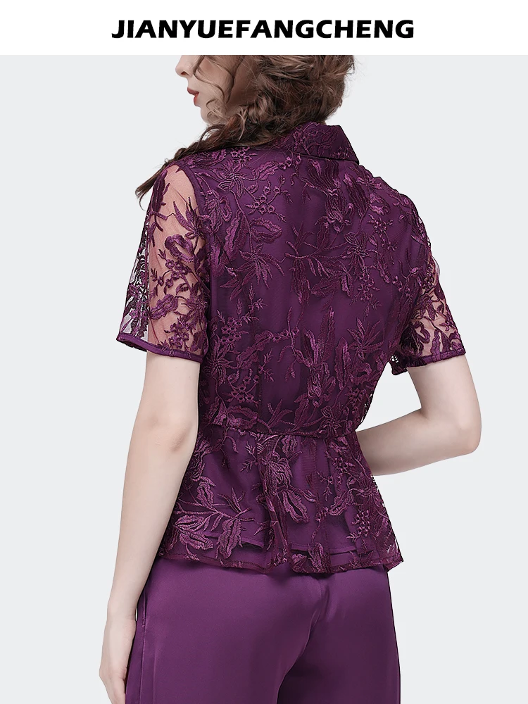 Женская винтажная шифоновая блузка с коротким рукавом и цветочной вышивкой