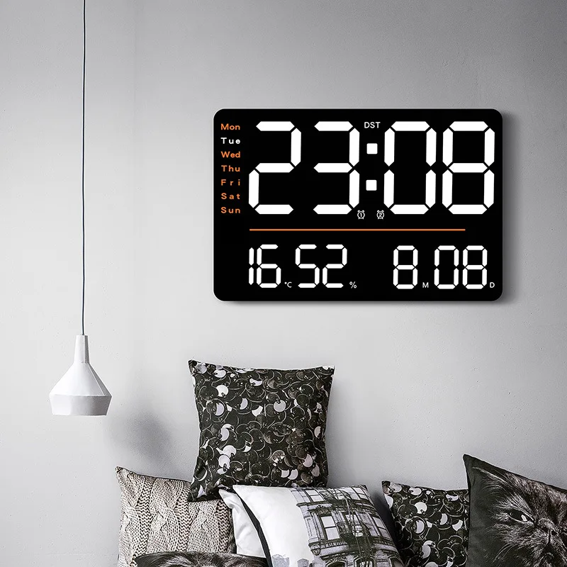 

Цифровые настенные часы с большим экраном, регулируемая яркость, температура, влажность, дисплей даты, будильник для украшения дома, гостиной