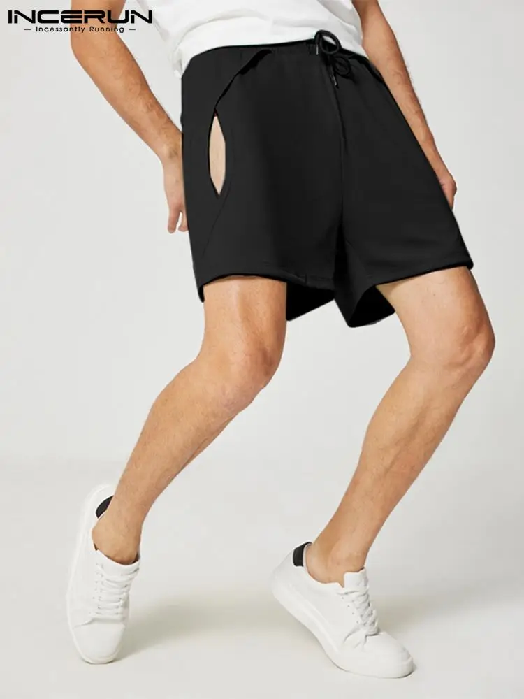 

INCERUN Men Casual Shorts Solid Color Summer Drawstring 2022 Hollow Out Streetwear Men Bottoms Workout Sexy Loose Shorts S-5XL