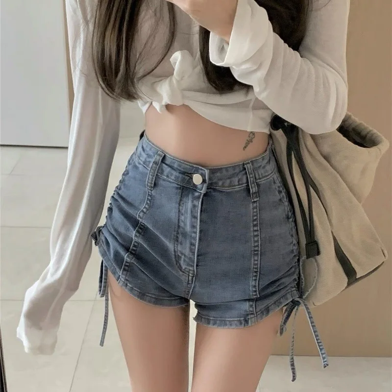 Drawstring Shorts Elastic Lace Up Jeans Women Loose Wide Leg Fat MM2022 Summer New