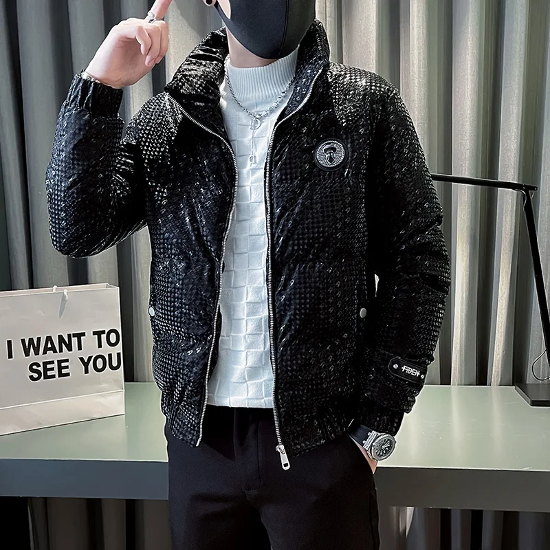 Winter Luxurious Sequin Men Jackets Thicken Warm Stand Collar Casual Puffer Parkas Overcoat Windproof Streetwear Men Clothing