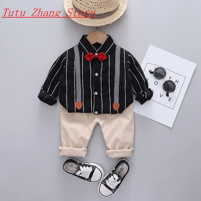 

Boys Gentleman Long-Sleeved Striped Shirt+Pants Western New Spring Autumn Birthday Party Flower Wedding Dress Photo Studio Set