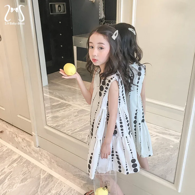 

Summer Dress For Girl Sleeveless Round Neck Young Children's Costume Fashion Black White Dot Causal Kids Clothes 4 To 13 Years