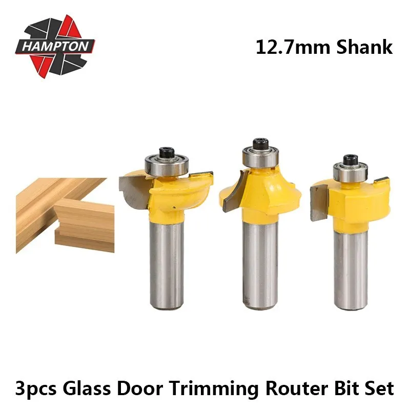 

HAMPTON 3pcs Glass Door Plank Router Bit Set 1/2 Shank Tenon Cutter With Bearing Guides 2 Flutes End Mill For Frame Door