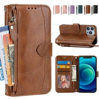 leather flip wallet stand phone case for iphone 13 pro max 12 mini 11 pro xr zipper card slot soft silicone holster phone cover