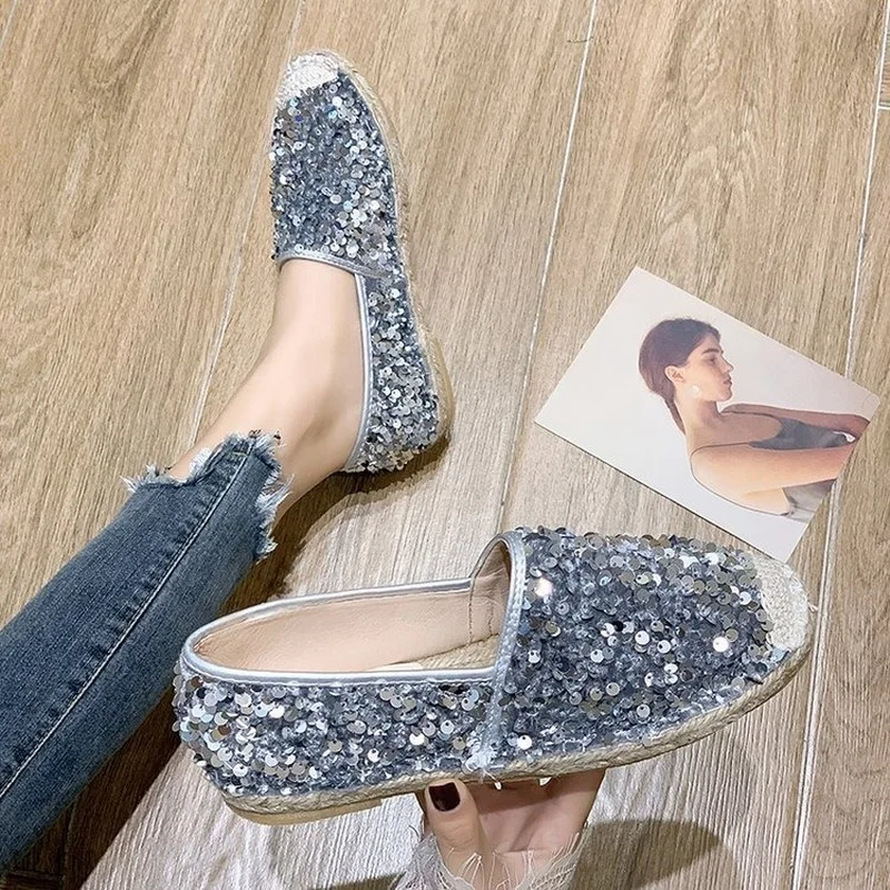 

Straw Hemp Rope Fisherman Shoes Women's 2022 New Summer Fashion Fairy Models Sequins Single Shoes Lazy One Pedal