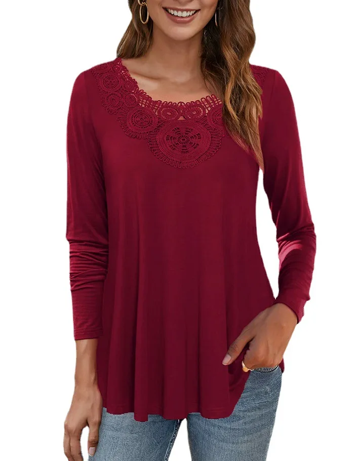 

SNAKE YX European and American Style Pullover Lace Round Neck Loose Long-sleeved T-shirt