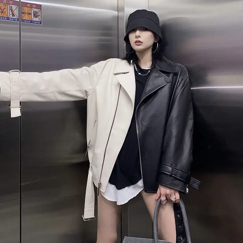 

Hikigawa Contrast Color Long Sleeve Women Jacket Casual Chic Fashion Zipper Tops Patchwork Loose Grunge Roupas Femininas