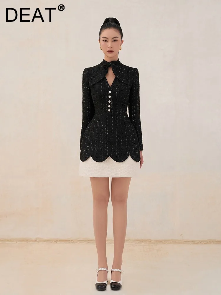 

Женское твидовое платье с воротником-стойкой DEAT, однобортное ажурное элегантное платье контрастных цветов с жемчужинами, Новинка осени 2023, 13DB2100