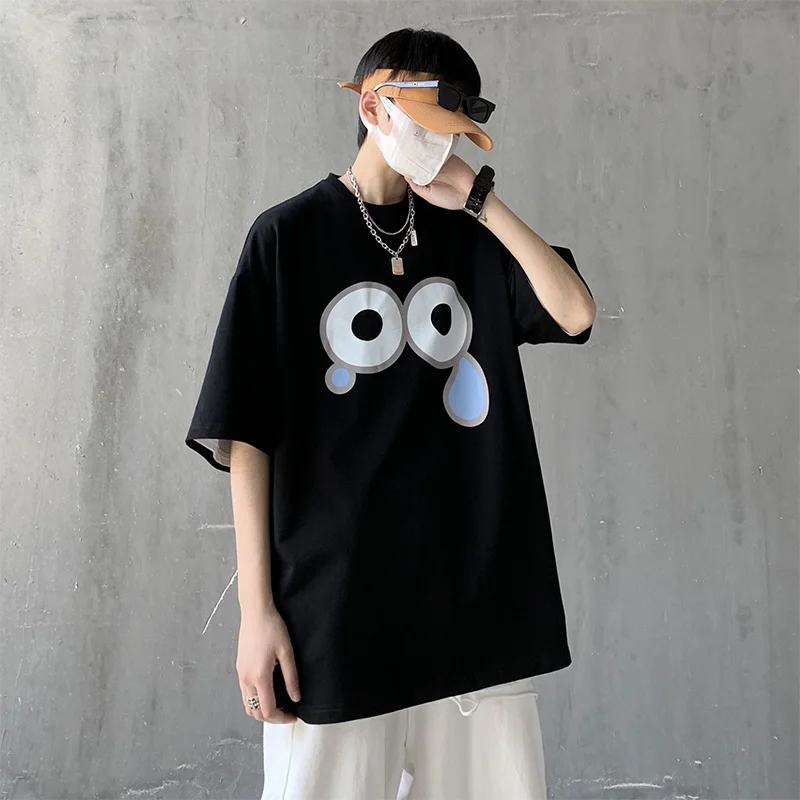 

Футболка HybSkr мужская с принтом грустных глаз, короткий рукав, Повседневная Уличная одежда, свободная рубашка в Корейском стиле