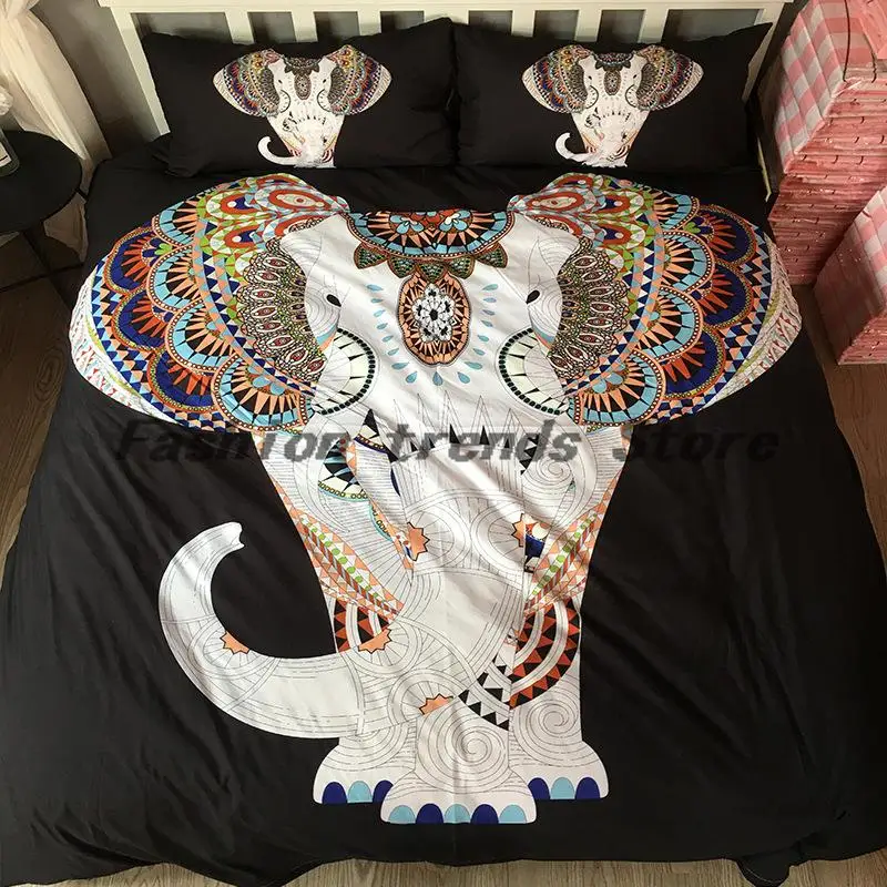 

Bohemian Elephant Bedding Set Single Queen Size Duvet Cover Lotus Flower Bed Cover Set Microfiber Bedclothes 3pcs