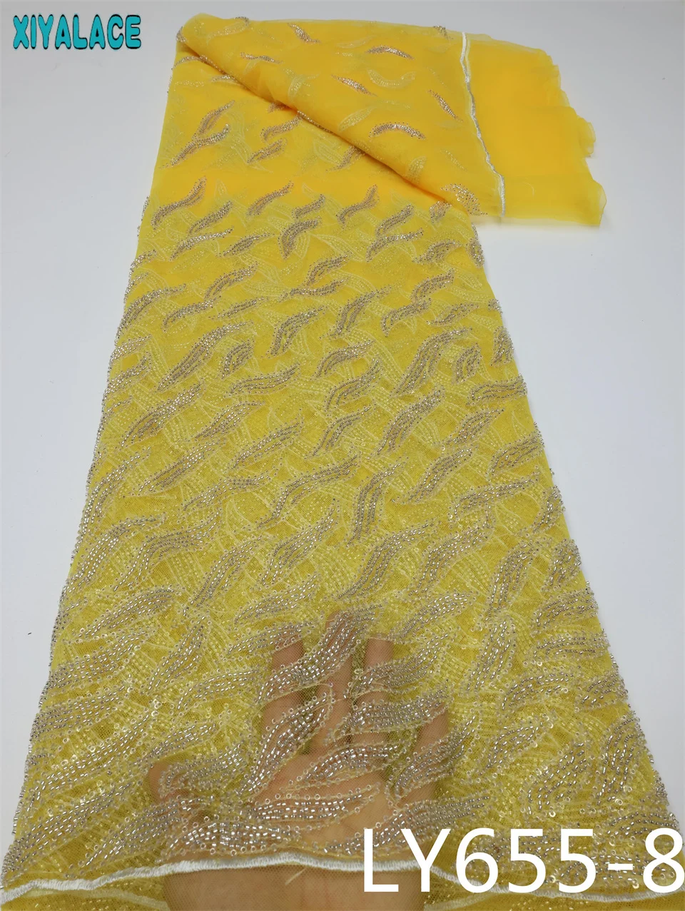 

Luxury Beaded Lace Fabric French Net Laces for Woman Sewing New Arrivals Handmade Beads Lace Nigerian Mesh Lace Fabric LY655