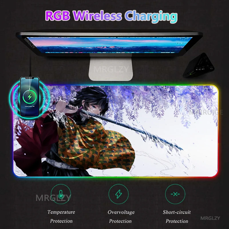 

Demon Slayer Giyuu Charger Gaming Accessories Desk Mats RGB LED Mouse Pad with Wireless Typec Charger Mat Large Mouse Pad Carpet