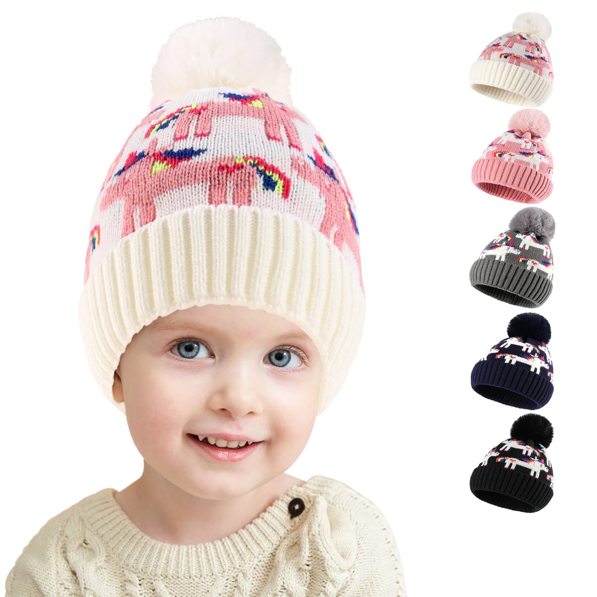 

0-3 Years Cartoon Unicorn Knitted Hat Baby Boys Baby Girls Warm Knitted Pompom Beanies Infant Toddler Kids Accessories