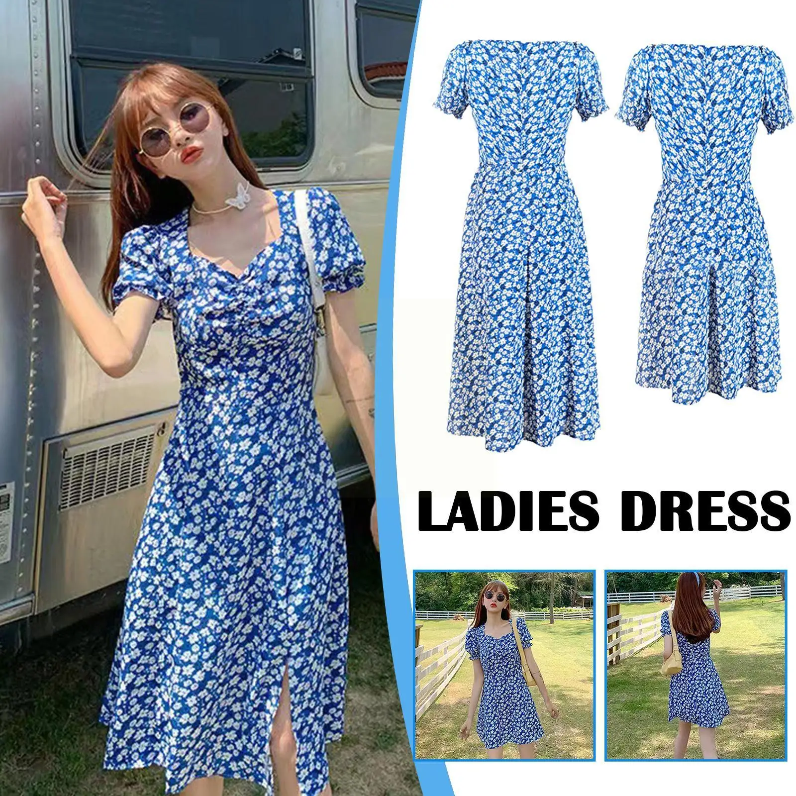 

Summer Ladies Dress Side Slit Flower Print Boho Style Beach Sundress 2 Blue Holiday Dress Model N0C1