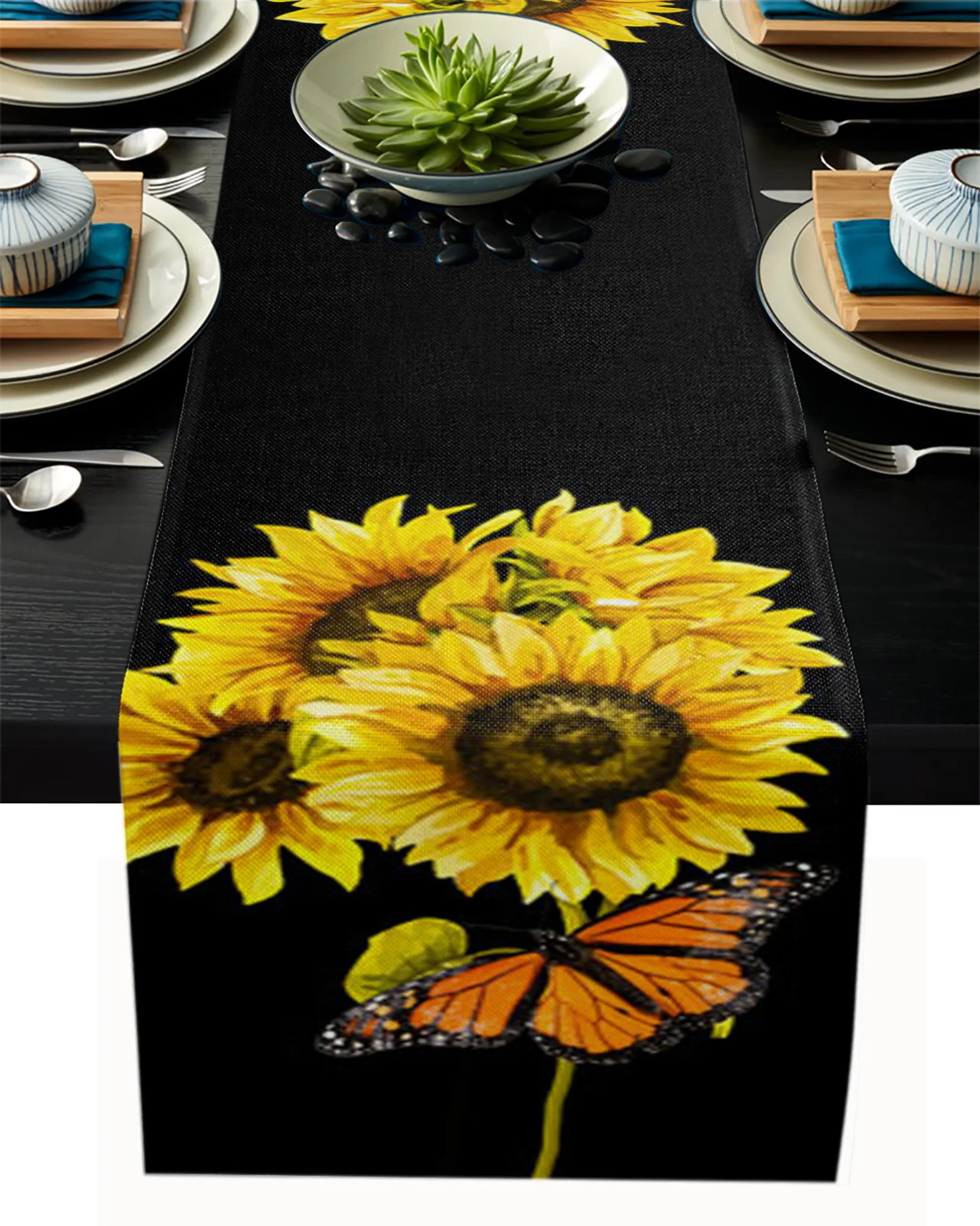 

Sunflower Butterfly Monarch Illustration Table Runner Dining Tea Table Shoe Cabinet Cover Table Flag Wedding Party Decoration