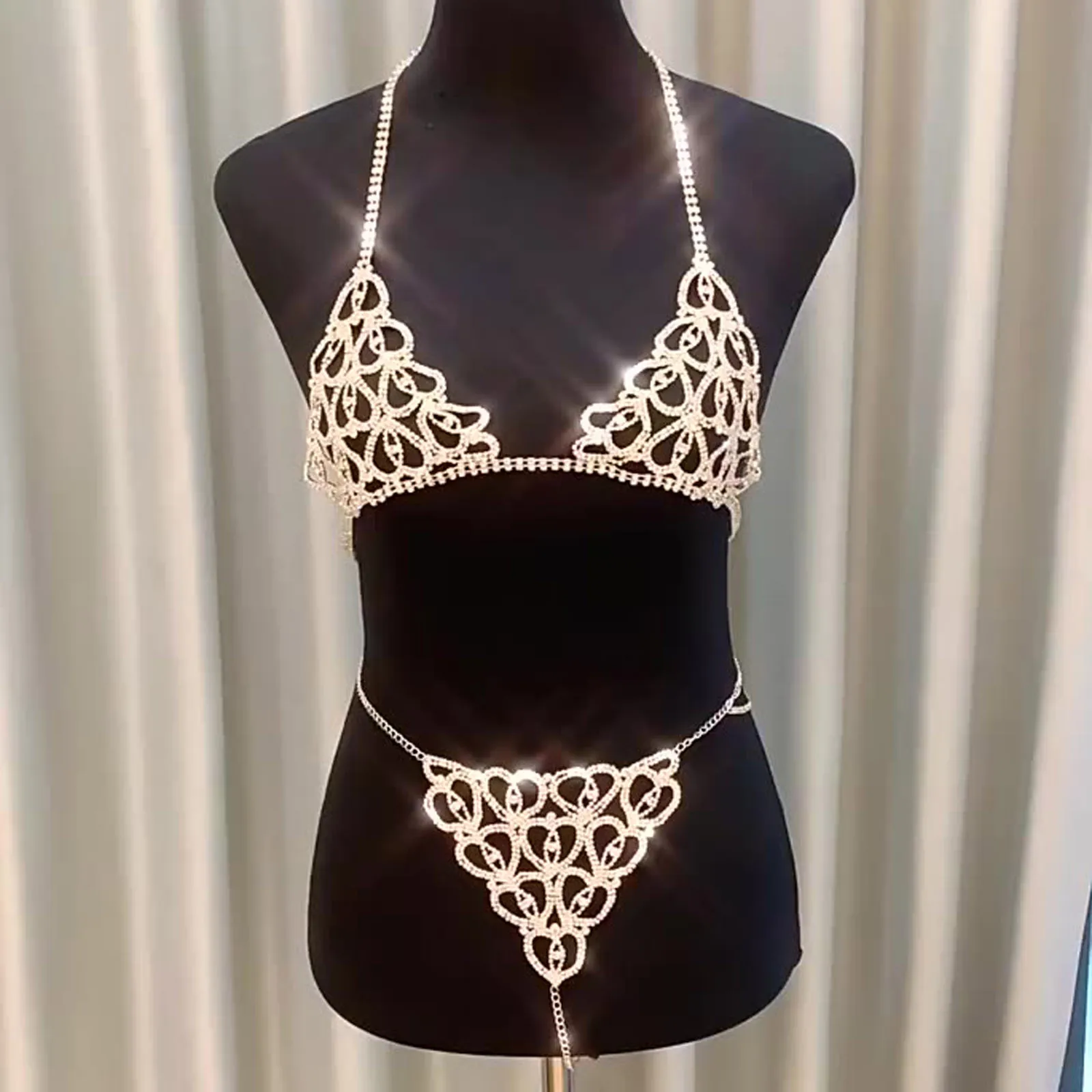 

Sexy Lingerie Crystal Thong Panties Body Chain Bra Showgirl Body Jewelry Rhinestone Bracelet Underwear Belly Chain Bra Panty Set