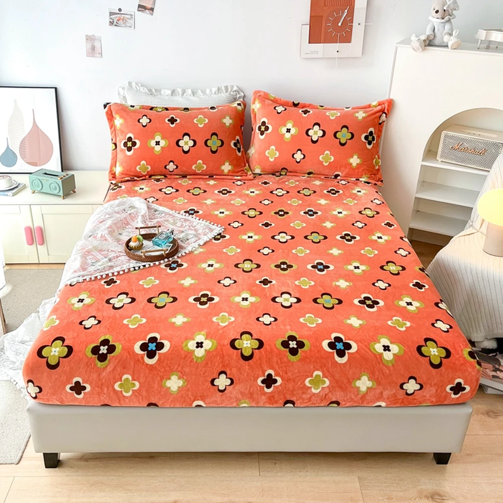 

Winter Thicken Flannel Warm Bedding Warm Crystal Velvet Fitted Sheet Mattress Cover Cozy All-Around Elastic Bedspread On The Bed