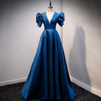 Luxury Blue Satin Evening Dresses Fashion Deep V Neck Puff Sleeves Party Gown Formal Back Lace Up A-line Prom Dress Abendkleider