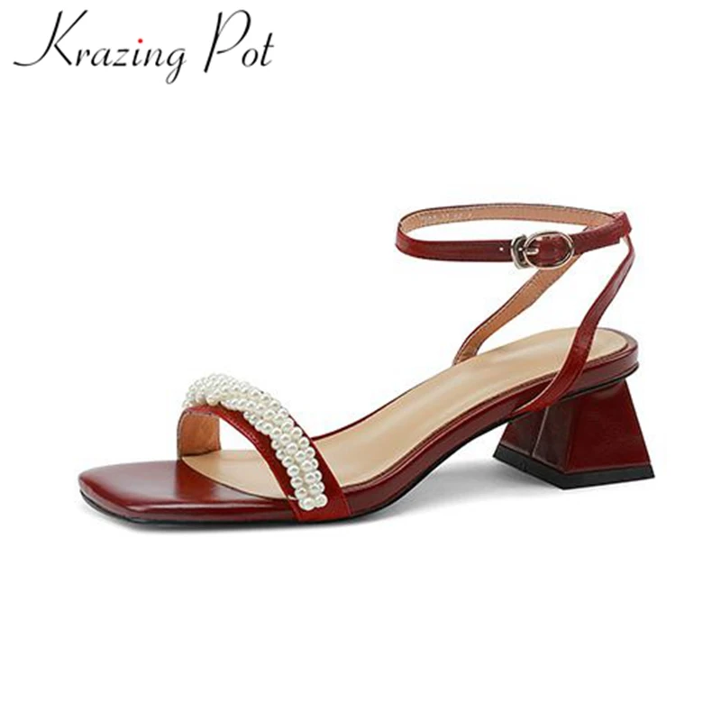 

Krazing Pot cow leather thick high heel ankle straps fairy career office lady pearl bead string peep toe leisure concise sandals