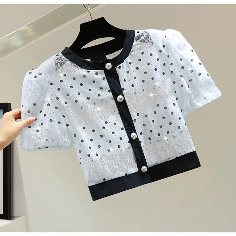 

Женская короткая рубашка, однобортная Тонкая Блузка контрастных цветов в горошек во французском стиле, лето 2023