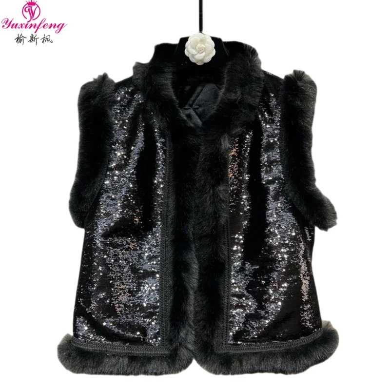 

Yuxinfeng Autumn Winter Women Vest Jacket 2022 Sleeveless Stand Collar Loose Fur Coat Fashion Outerwear Korean Warm Silvery