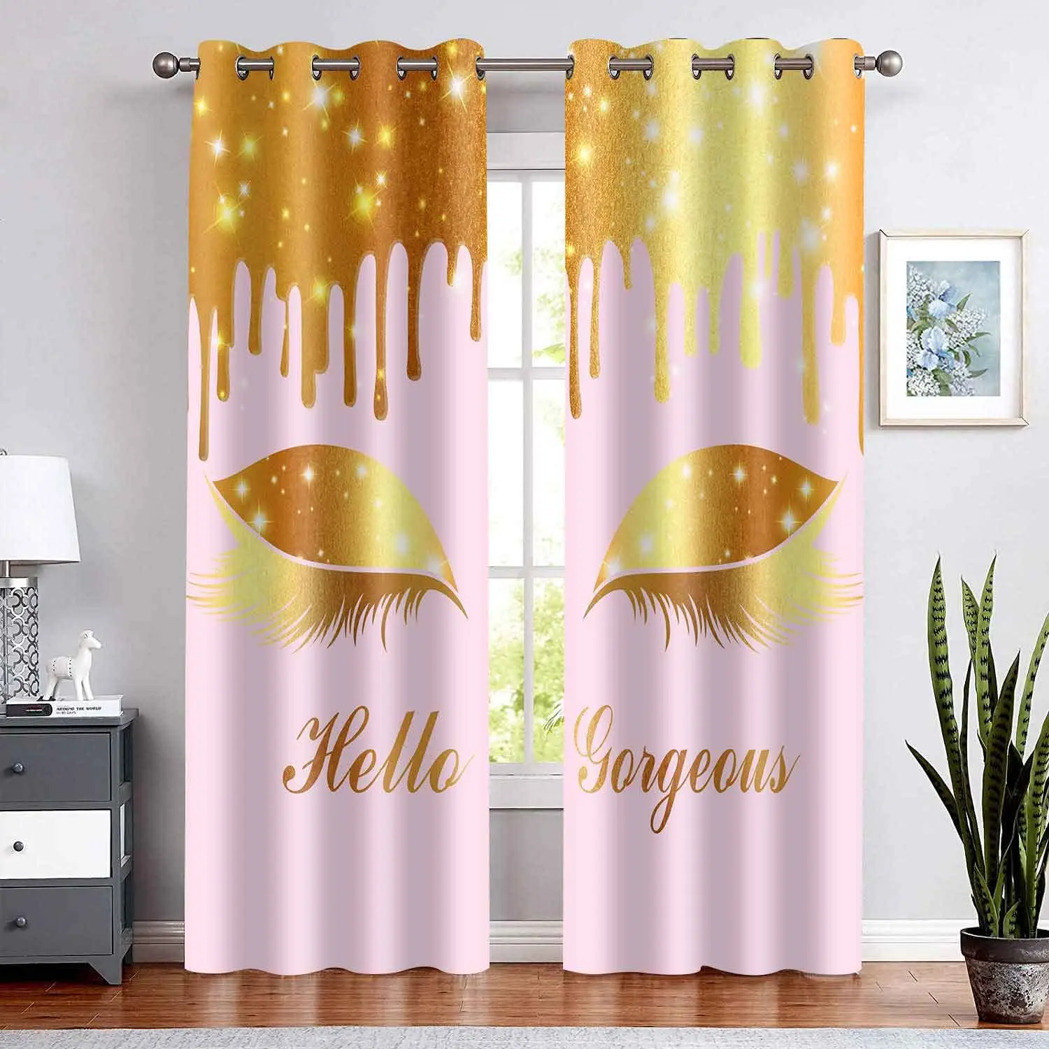 

Современные розовые и золотые ресницы с 3D-принтом, 2 панели для отдыха, элегантные затеняющие Оконные Занавески для девушек, гостиной, спальни