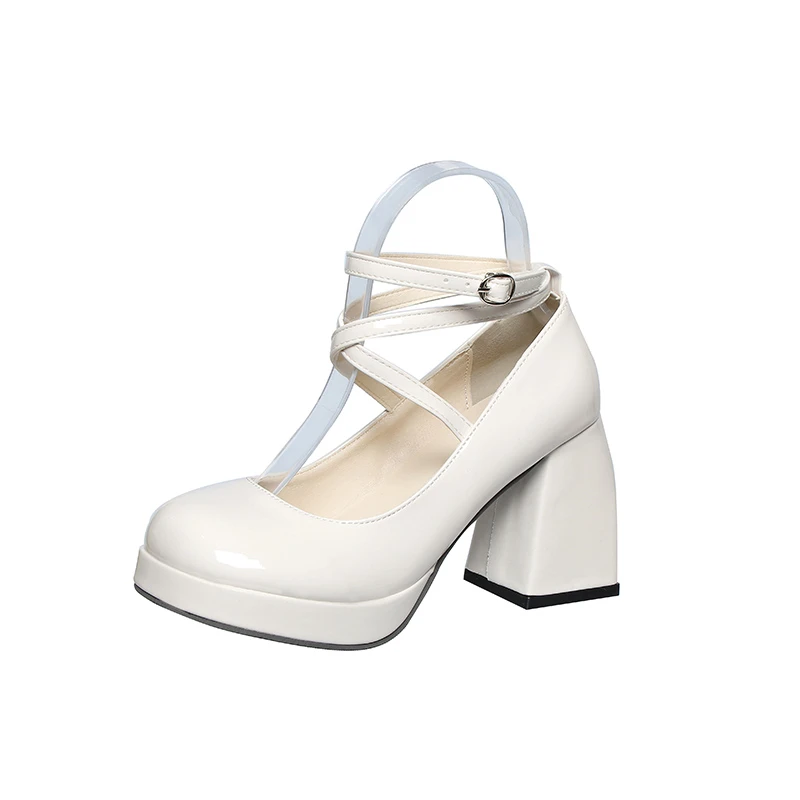 New Fashion Casual Elegant Banquet Solid Color Cross Buckle High Heels Round Toe Thick Heel Women's Shoes