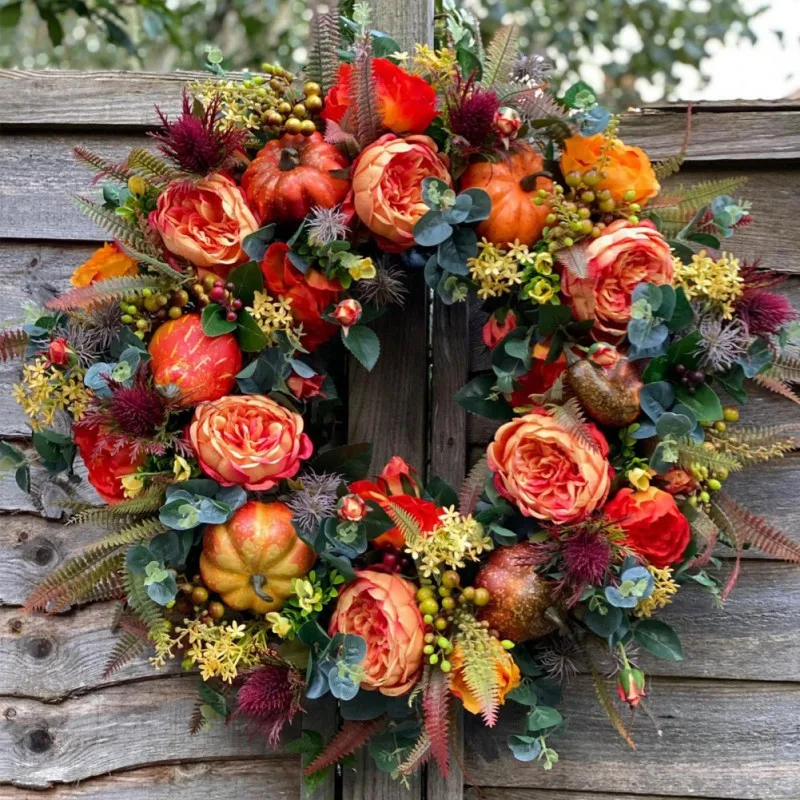 

Fall Wreath 15inch Autumn Wreath for Front Door Outside Artificial Peony Pumpkins Ideal for Autumn Halloween Thanksgiving Day