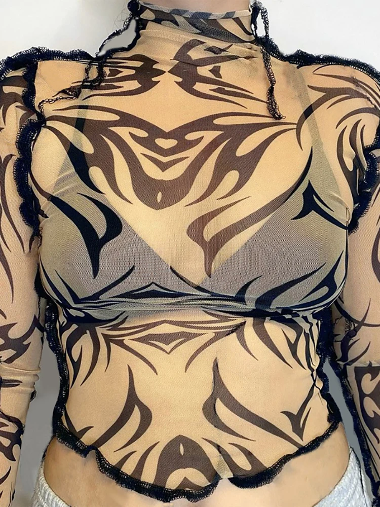 Goth Dark Punk Gothic Mesh Women T-Shirts Grunge Hip Hop Print Long Sleeve Turtleneck Crop Tops Sexy See Through Streetwear 2021