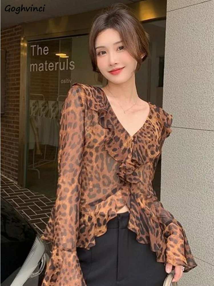 

Leopard Blouses Women Ruffles Vintage Flare Sleeve Summer Sun-proof Ladies Temperament Slim Fashion Ulzzang Korean Style Chic